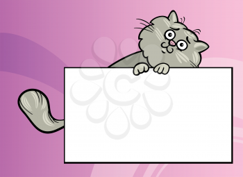 Cartoon Illustration of Funny Fluffy Cat with White Card or Board Greeting or Business Card Design
