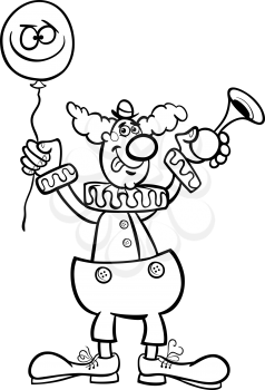 Black and White Cartoon Illustration of Funny Clown with Balloon and Air Horn for Coloring Book