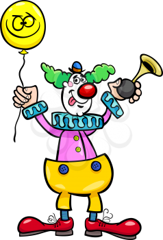 Cartoon Illustration of Funny Clown with Balloon and Air Horn
