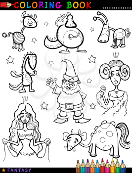 Coloring Book or Page Cartoon Illustration of Queen, Princess, Dwarf or Gnome, Creatures and Dragon Fairytale Fantasy Characters
