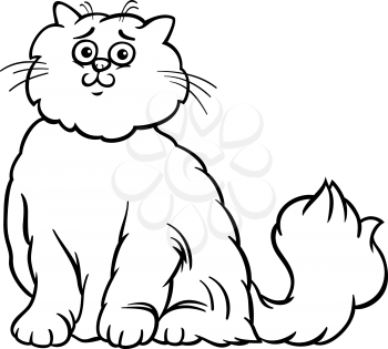 Black and White Cartoon Illustration of Cute Long Hair Persian Cat for Coloring Book