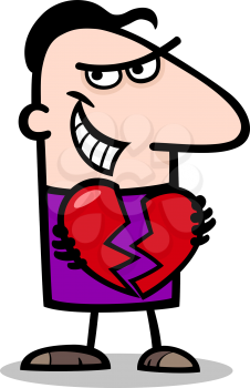 Cartoon St Valentines Illustration of Funny Man Breaking Heart or Heartbreaker