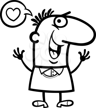 Black and White Cartoon St Valentines Illustration of Happy Funny Man in Love