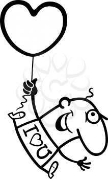Black and White Cartoon Illustration of Funny Man flying with Valentine Heart Shape Balloon for Valentines Day