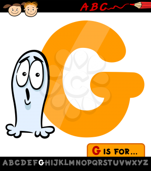 Cartoon Illustration of Capital Letter G from Alphabet with Ghost for Children Education