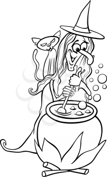 Black and White Cartoon Illustration of Funny Fantasy or Halloween Witch with Black Cat Cooking a Magic Mixture for Children to Coloring Book