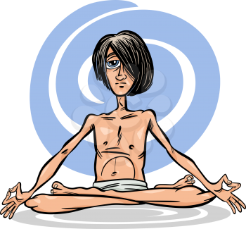 Cartoon Illustration of Young Man Practicing Yoga Meditation in Lotus Position or Asana