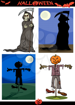 Cartoon Illustration of Halloween Holiday Themes like Death Grim Reaper or Scarecrow and Pumpkin