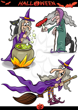 Cartoon Illustration of Halloween Holiday Themes like Witch on Broom or Black Cat