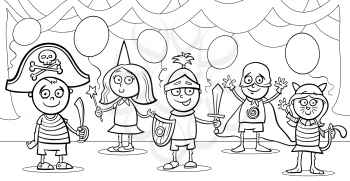 Black and White Cartoon Illustration of Cute Little Children in Costumes on Fancy Ball for Coloring Book