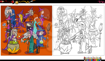 Cartoon illustration of witches comic fantasy or Halloween characters group coloring book page