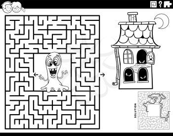 Black and white cartoon illustration of educational maze puzzle game with ghost and haunted house characters coloring book page