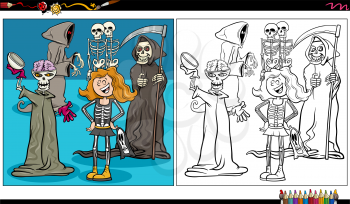 Cartoon illustration of skeleton and grim reaper fantasy or Halloween characters group coloring book page