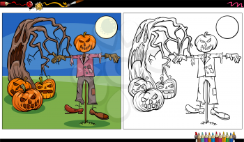 Cartoon illustration of spooky Halloween characters coloring book page