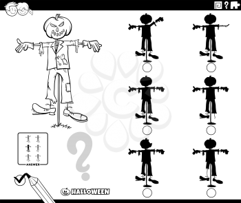 Black and white cartoon illustration of finding the shadow without differences educational game for children with scarecrow Halloween character coloring book page