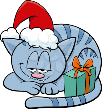 Cartoon illustration of cat animal character with present on Christmas time