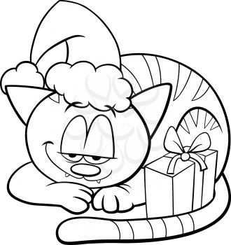 Black and white cartoon illustration of cat animal character with present on Christmas time coloring book page