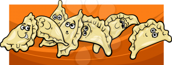 Cartoon Illustration of Funny Comic Dumplings or Pierogi Food Dish Characters Group