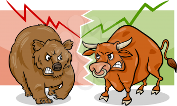 Concept Cartoon Illustration of Bear Market and Bull Market Stock Trends