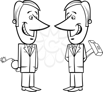 Black and White Concept Cartoon Illustration of Two Businessmen or Politicians Pretending Friendship