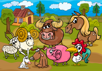 Cartoon Illustration of Country Rural Scene with Farm Animals Livestock Characters Group