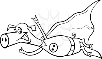 Black and White Cartoon Illustration of Super Pig Superhero Character for Coloring Book