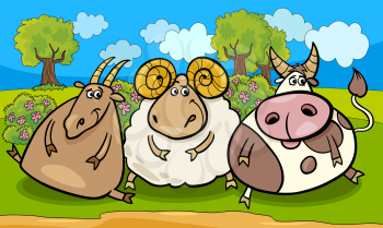 Cartoon Illustration of Country Rural Scene with Farm Animals Goat and Bull and Ram Characters Group