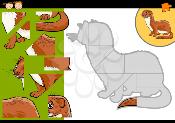 Cartoon Illustration of Education Jigsaw Puzzle Game for Preschool Children with Funny Weasel Animal Character