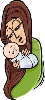 Cartoon Illustration of Mother with her Cute Baby