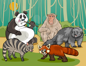Cartoon Illustrations of Funny Asian Mammals Animals Characters Group
