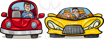 Cartoon Illustration of Man in Retro Automobile and Malicious Driver in Sports Car