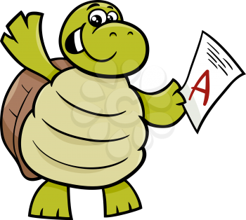 Cartoon Illustration of Happy Turtle Animal Character with A mark on a Test