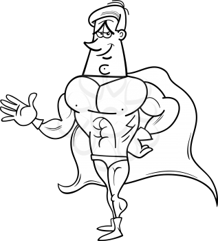 Black and White Cartoon Illustration of Superhero or Man in Hero Costume for Coloring Book