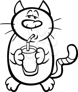 Black and White Cartoon Illustration of Funny Cat Drinking Milk for Coloring Book