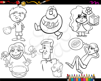 Coloring Book Cartoon Illustration of  Set of Children and Teens with Sweet Cakes or Cookies Set