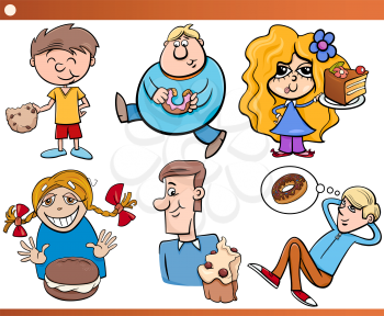 Cartoon Illustration of Children and Teens with Sweet Cakes or Cookies Set