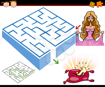 Cartoon Illustration of Education Maze or Labyrinth Game for Preschool Children with Princess or Cinderella with Shoe