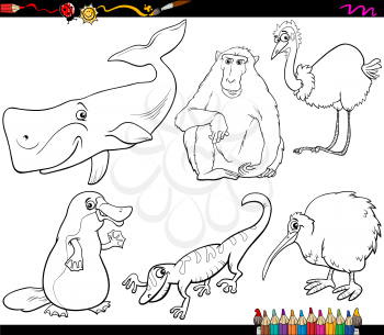 Coloring Book Cartoon Illustration Set of Funny Animals with their Favorite Food