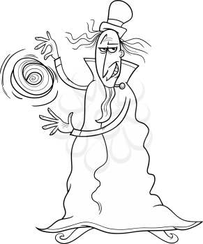 Black and White Cartoon illustration of Fantasy Evil Wizard or Sorcerer Casting a Spell for Coloring Book