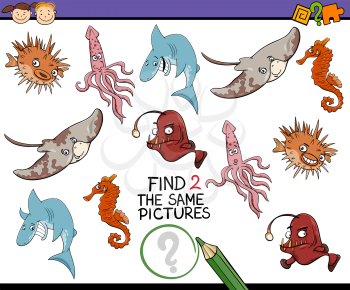 Cartoon Illustration of Finding the Same Picture Educational Game for Preschool Children with Sea Life Species
