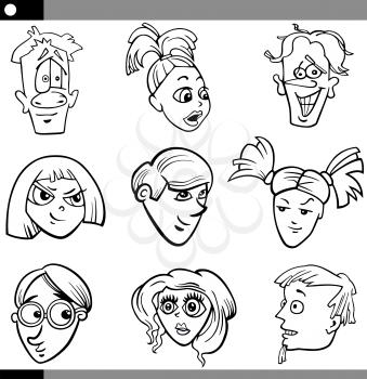 Black and White Cartoon Illustration of Funny Teens Faces Set