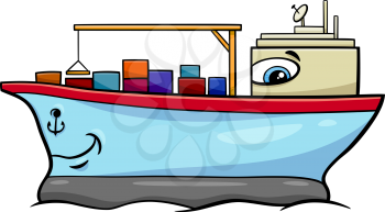 Cartoon Illustration of Container Ship Transport Character