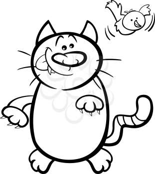 Black and White Cartoon Illustration of Hungry Cat and Canary for Coloring Book