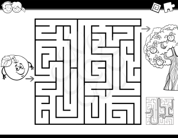Black and White Cartoon Illustration of Education Maze or Labyrinth Activity Game for Children with Apple and the Tree Coloring Book
