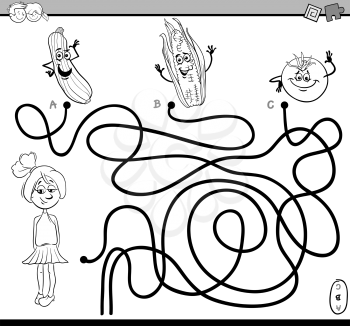 Black and White Cartoon Illustration of Educational Paths or Maze Puzzle Activity with Girl and Vegetables Coloring Book
