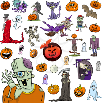 Cartoon Illustration of Halloween Holiday Themes and Design Elements Set
