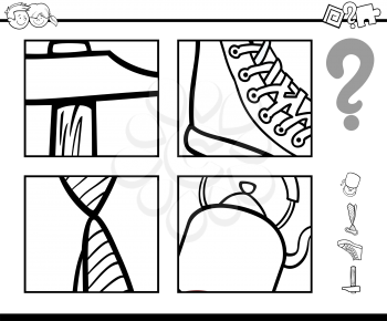 Black and White Cartoon Illustration of Educational Activity Task of Guessing Objects for Children Coloring Page