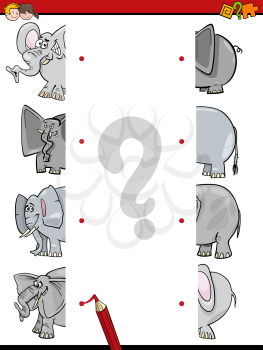 Cartoon Illustration of Educational Game of Matching Halves with Elephants Animal Characters