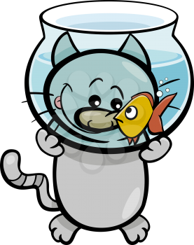 Cartoon Illustration of Hungry Cat and Goldfish in Fish Tank