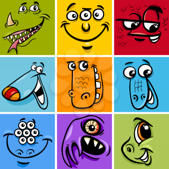 Cartoon Illustration of Monster Fictional Characters Faces Set